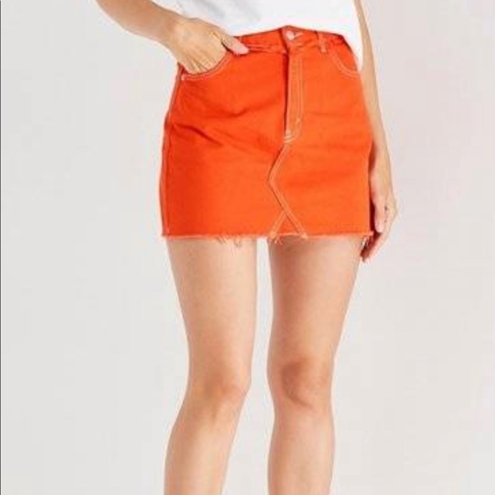 Topshop | Cotton Denim Raw Hem Mini Skirt Bright Red Orange Size 8